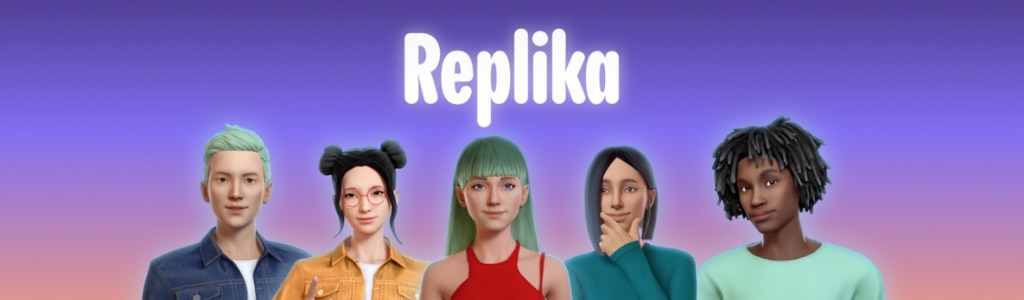 "Replika" written in white above five digitally rendered humans. Image can be found here: https://www.meta.com/experiences/5620852627988042/