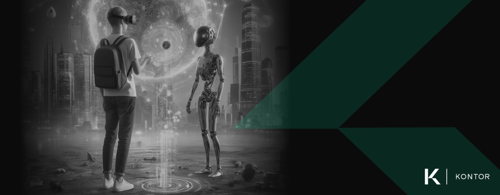 A modern day person wearing a VR headset standing in an AI-generated city on a futuristic planet speaking to a friendly alien life form. On the right side is the Kontor logo and a green Kontor watermark.