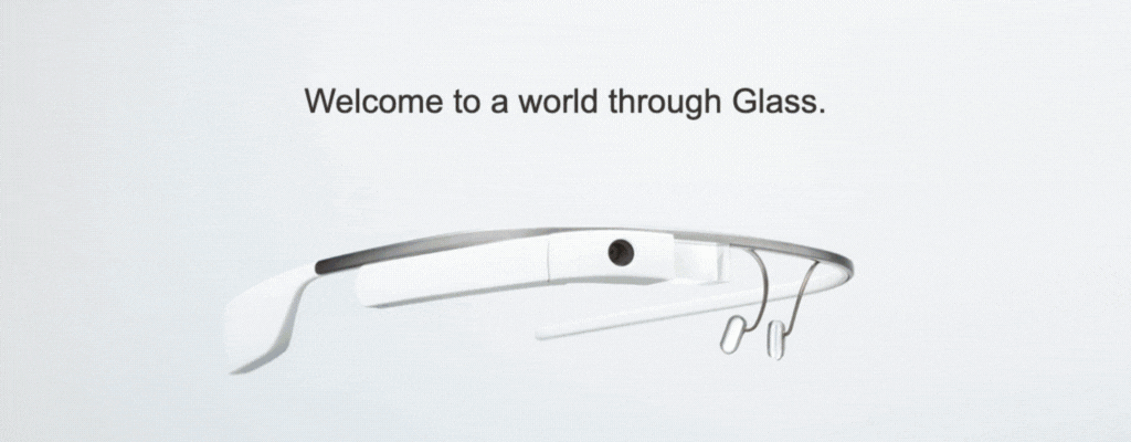 GIF showing four images on rotation — 1) The Google Glass over a gray background with the words “Welcome to a world through Glass.”; 2) a mountain with hiking directions overlayed; 3) green vegetables and a sign with Chinese characters written on it with the translation, “Ban bang) half a pound, Chinese (Simplified)” overlayed, 4) the Brooklyn Bridge with “5,988’ (1,825 m) Brooklyn Bridge, Total length” overlayed. Original photos by Google found here: https://www.google.com/glass/start/ and archived here: https://web.archive.org/web/20140112074313/http:/www.google.com/glass/start/what-it-does/ 
