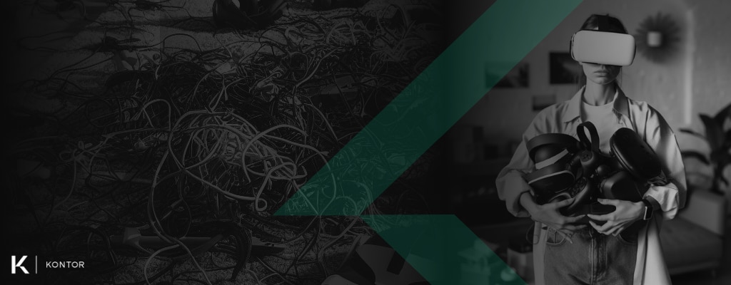 Image on left of various electronic cables tangled in a mess on the floor. Image on right is a woman holding a pile of accessories for mixed reality (MR) headsets. On the bottom left is the Kontor logo. In the middle is a green Kontor watermark.