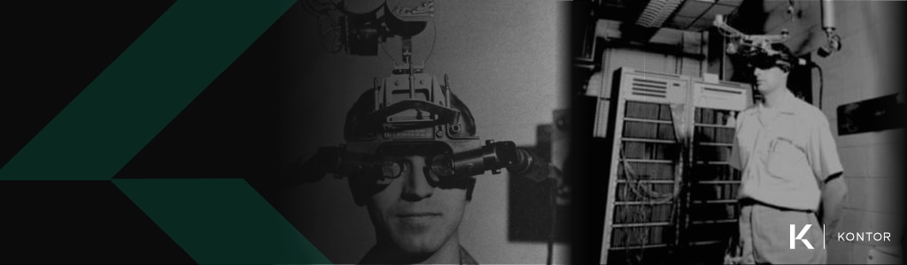 Two black and white images of a person wearing the Sword of Damocles AR headset created by Ivan Sutherland. On the right side is the Kontor logo. On the left side is a green Kontor watermark.